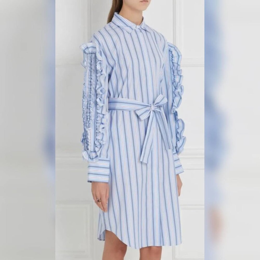 MSGM Milano Blue Striped Ruffled Arm Shirtdress